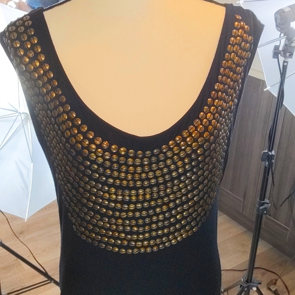 Midi black dress with rows of gold studs